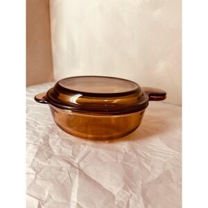 Vtg Corning Visions Amber Grab‑It Bowl with Lid 5.5in 15oz